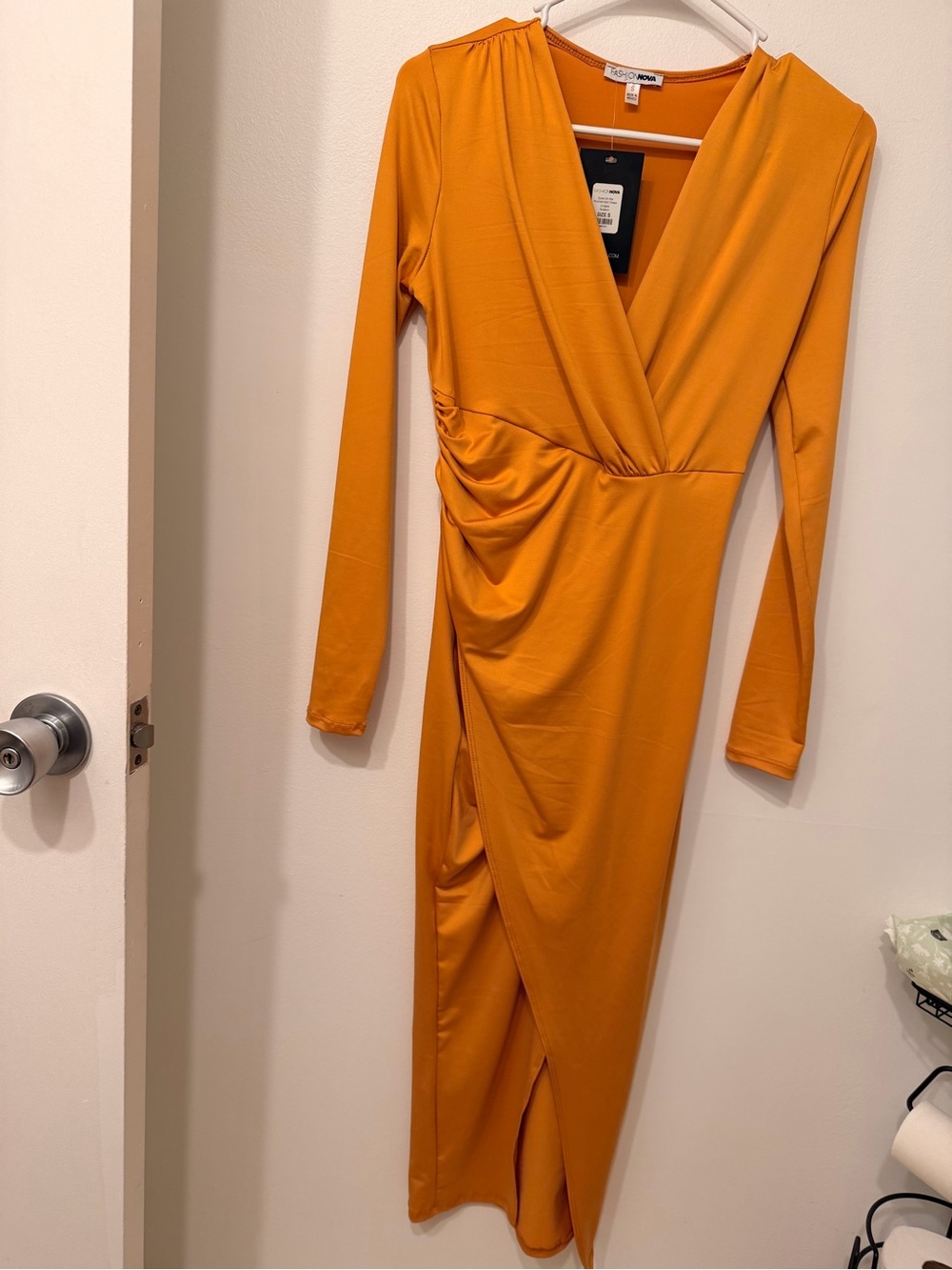 Fashion Nova Mustard Wrap-Front Long Sleeve Midi Dress
